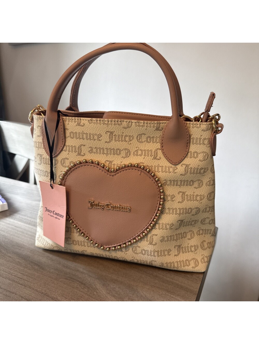 Juicy Couture Love Never Dies Mini Tote bag in tan with a pink heart accent